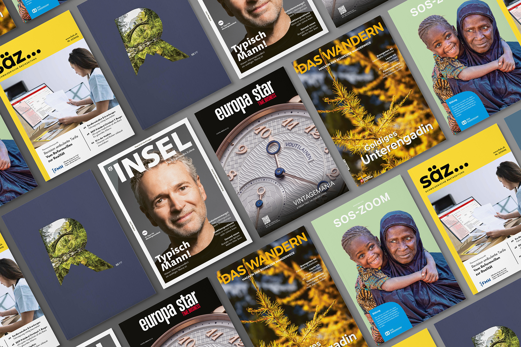 Aneinandergereihte Printmagazine verschiedener Kunden: von der Insel-Gruppe über die Schweizer Wanderwege bis hin zu SOS-Kinderdorf