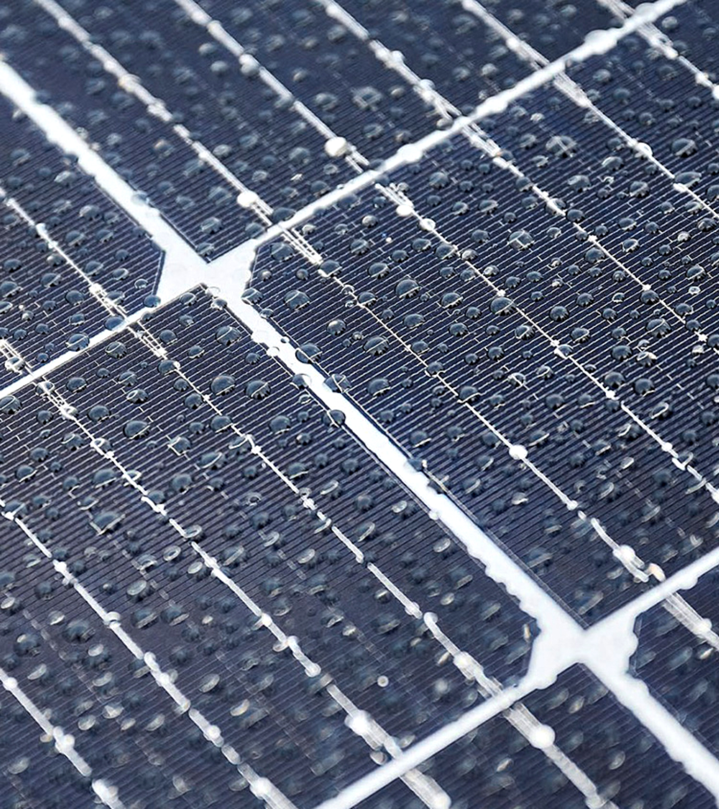 Nahaufnahme von einem mit Wassertropfen übersäten Solarpanel