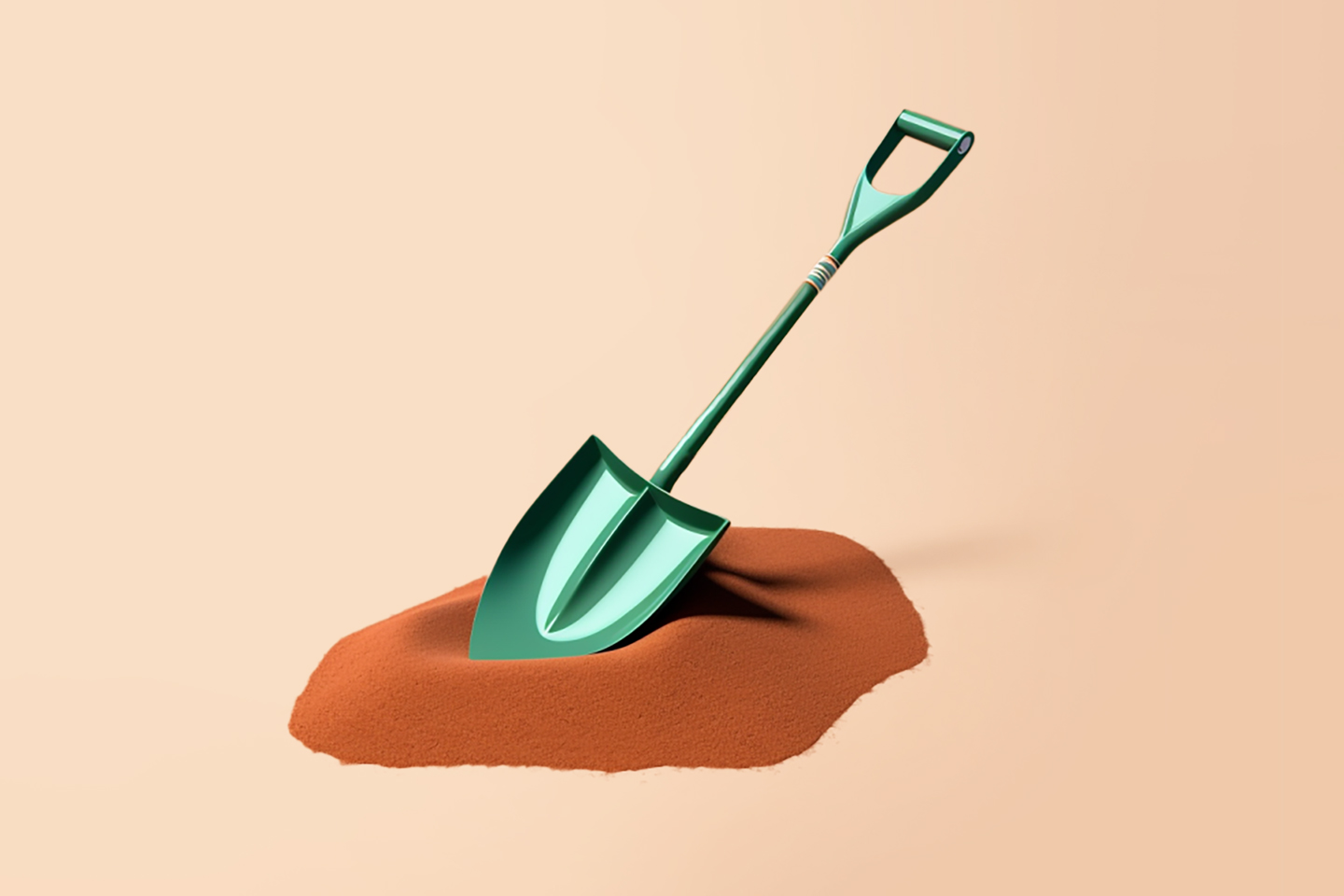 Eine grüne Gartenschaufel in einem Haufen lehmroter Erde