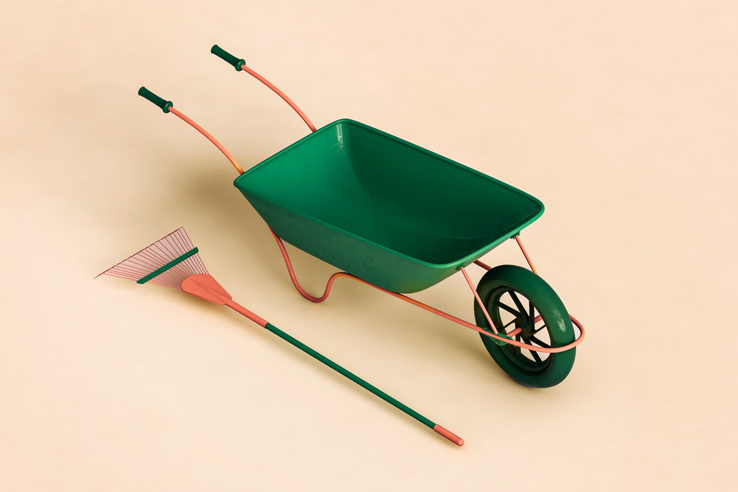 a green rake and wheelbarrow Ein Rechen und eine Schubkarre in den neuen m&m-Gartenbau-Markenfarben Dunkelgrün und Lehmrot.