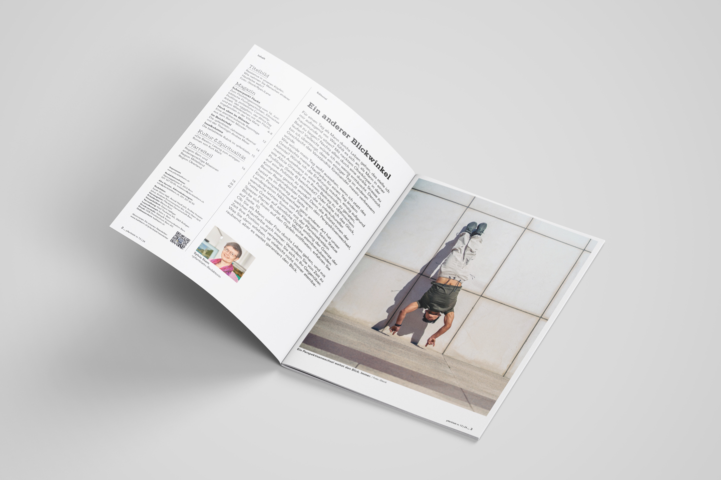 Der Blick in die Printausgabe zeigt das Foto des kopfüber schwebenden Mannes neben dem Editorial zum Thema «Ein anderer Blickwinkel».