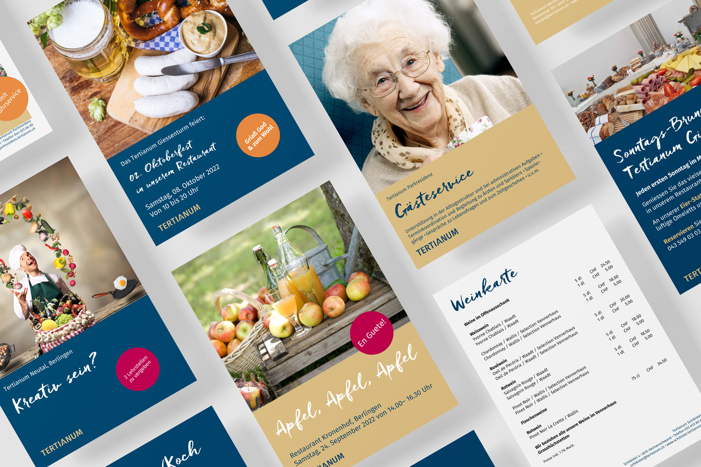 Verschiedenste Druckprodukte für Tertianum: vom Werbeflyer für Kochlehrstellen bis zur Weinkarte