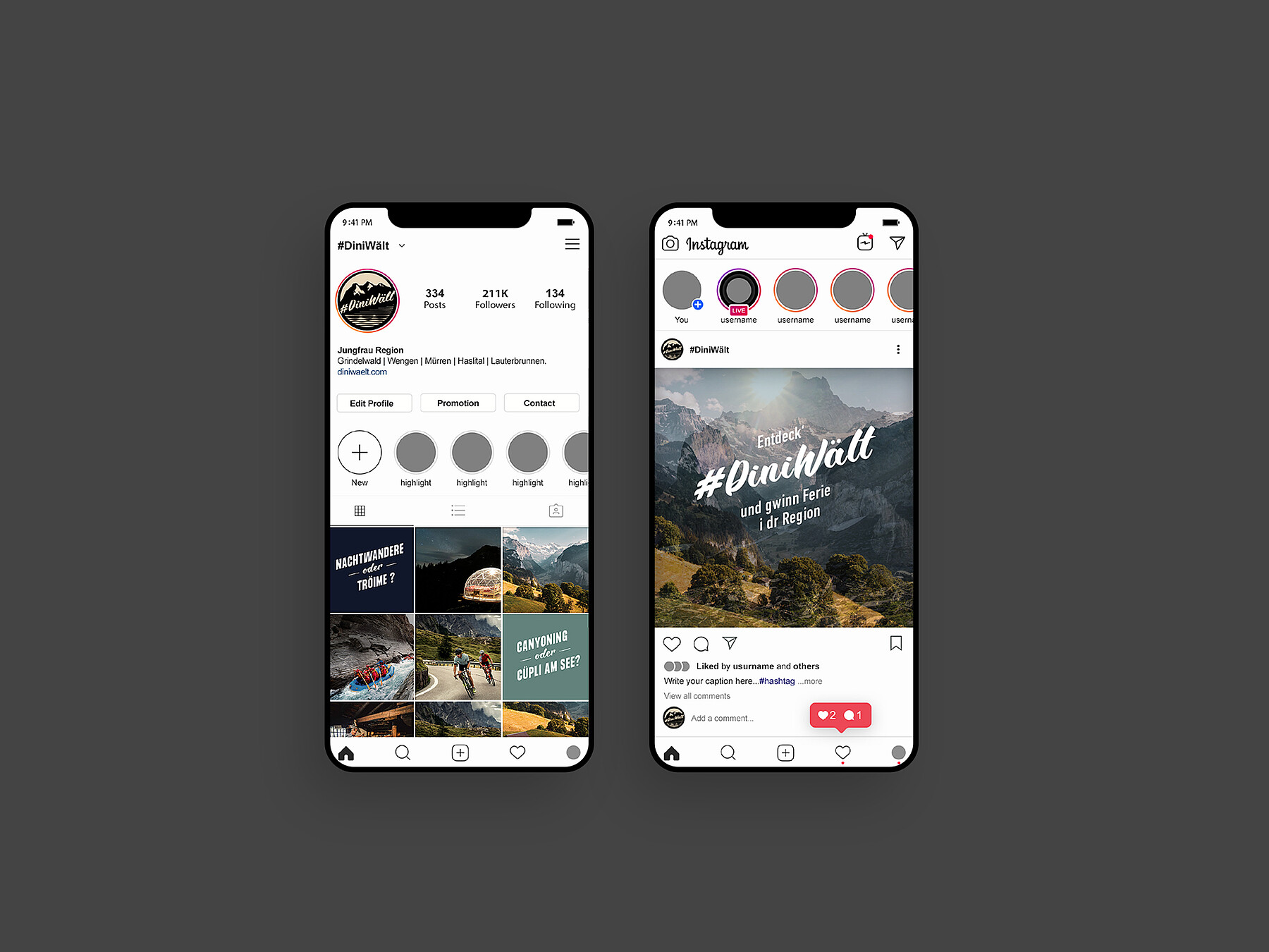 Zwei Smartphones zeigen den Social-Media-Auftritt der Jungfrau-Region. 