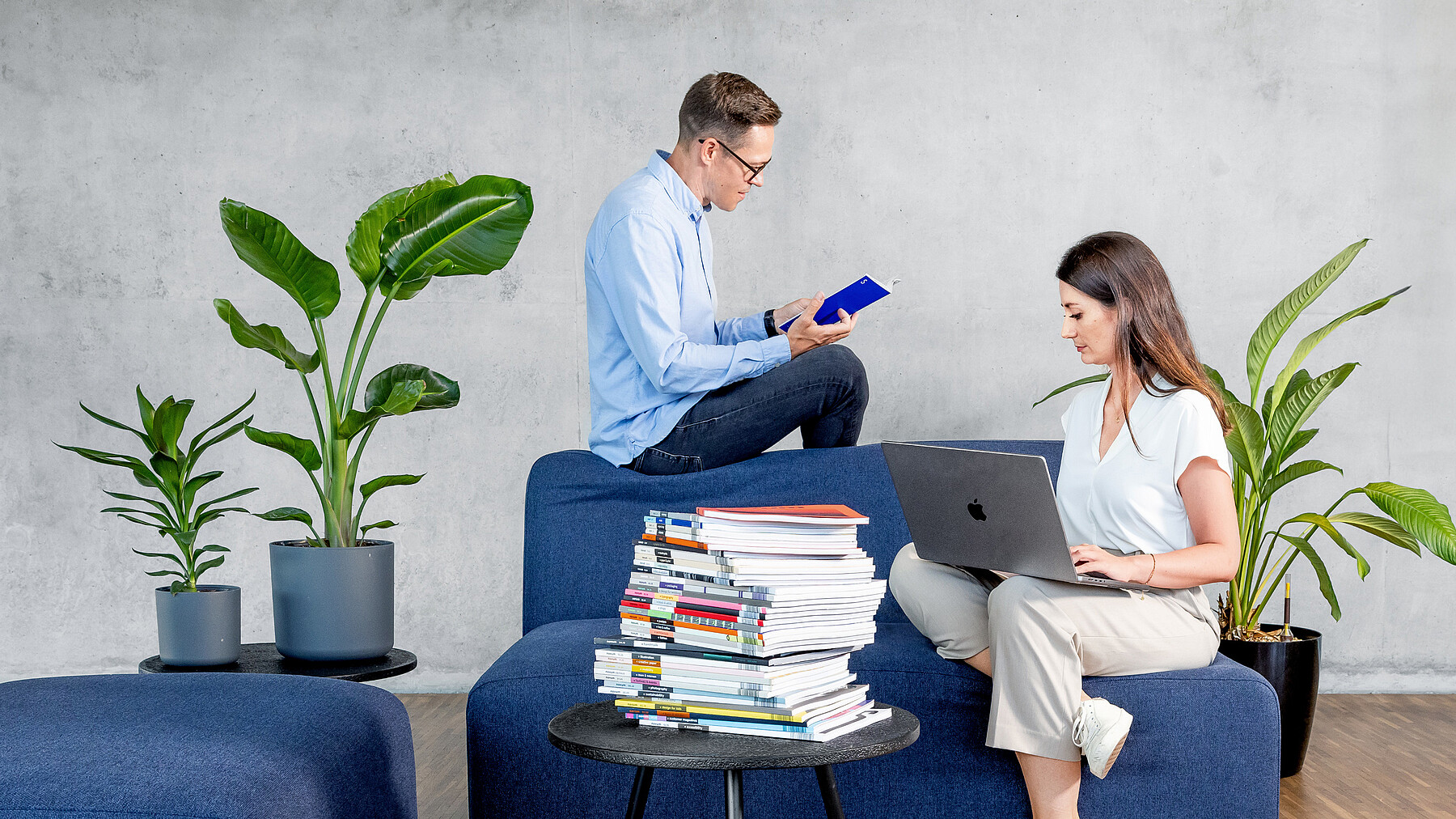 Eine Frau und ein Mann sitzen auf einem Sofa, sie mit dem Laptop auf der Sitzfläche, er lesend auf der Lehne. Vor ihnen stapeln sich Prospekte, neben ihnen wachsen Zimmerpflanzen.