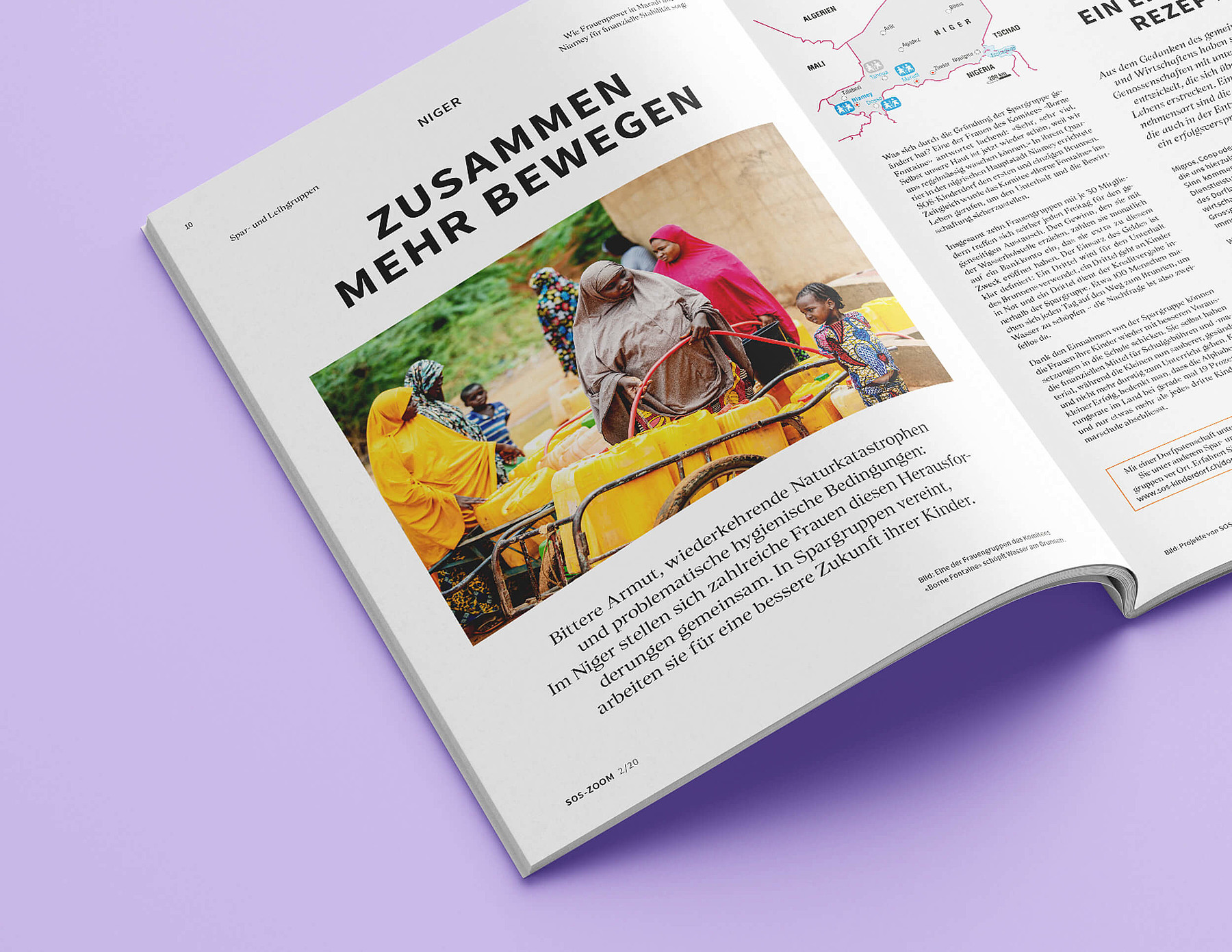 Eine aufgeschlagene Ausgabe des Magazins «SOS-ZOOM» zeigt einen Artikel über den Niger mit dem Titel «Zusammen mehr bewegen».