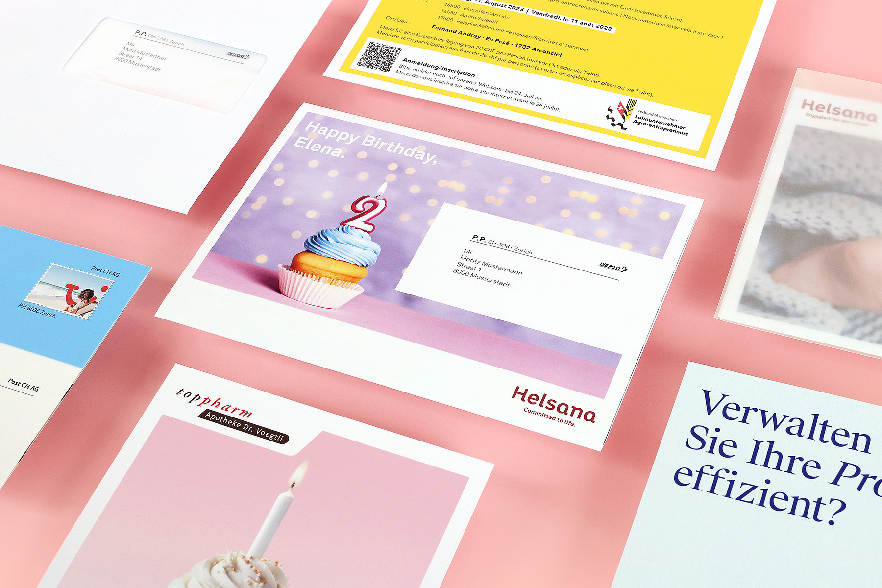 Différents mailings personnalisés produits par Stämpfli Communication, notamment pour Helsana