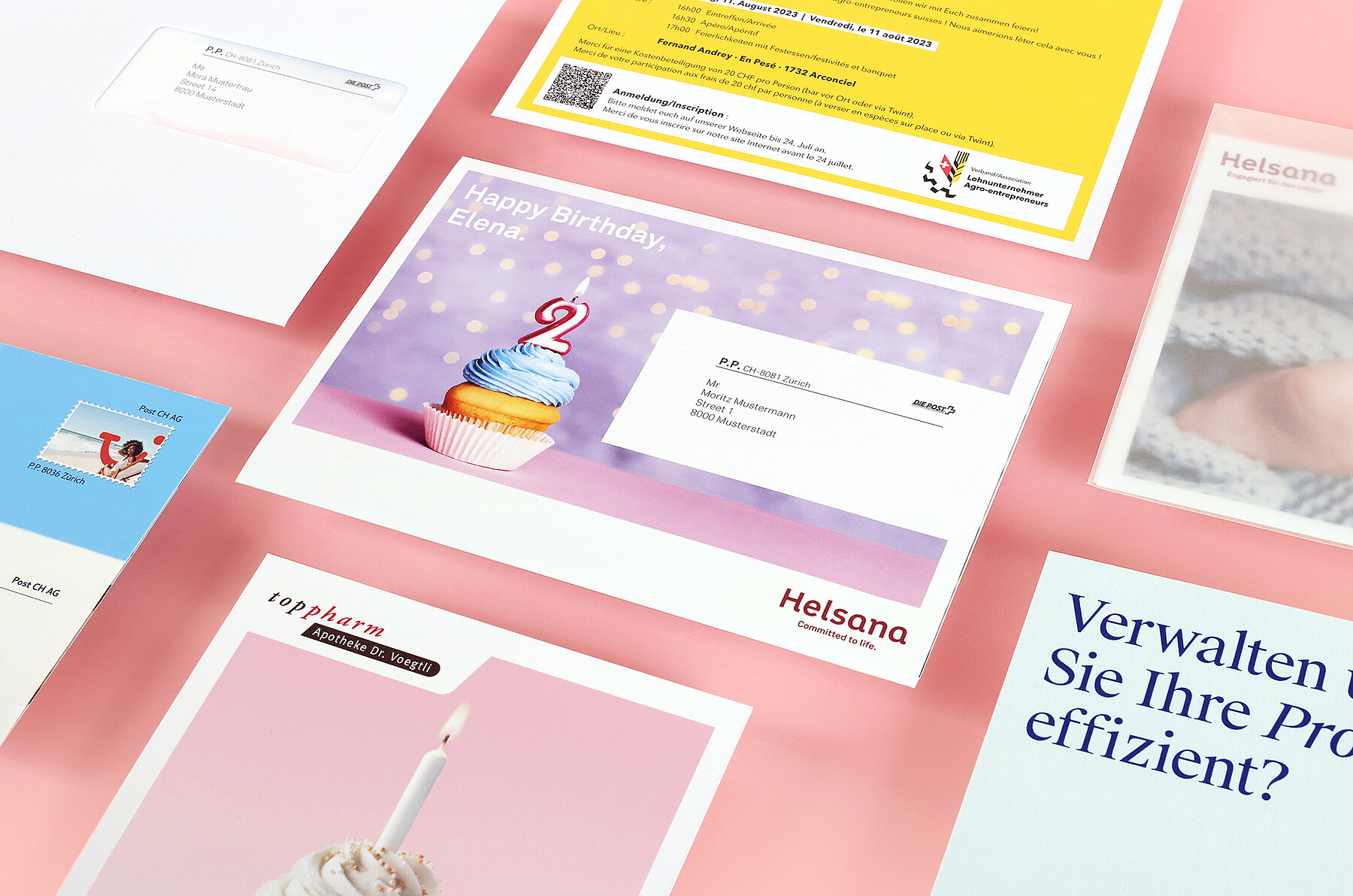 Verschiedene personalisierte Mailings, die Stämpfli Kommunikation produziert hat, unter anderem für die Helsana