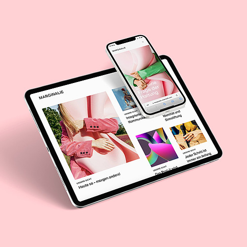 Beispiel für ein Webmagazin: die «Marginalie» – die Hauszeitschrift von Stämpfli Kommunikation – auf Smartphone und Tablet