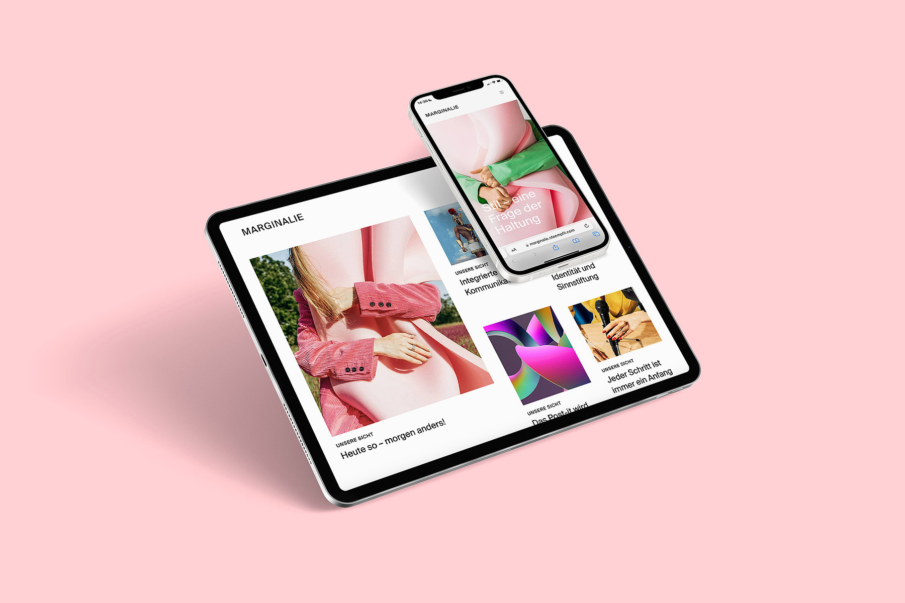 Beispiel für ein Online-Magazin: die «Marginalie» – die Hauszeitschrift von Stämpfli Kommunikation – auf Smartphone und Tablet