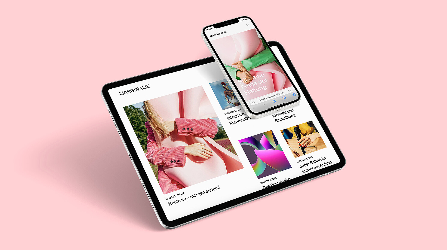 Beispiel für ein Online-Magazin: die «Marginalie» – die Hauszeitschrift von Stämpfli Kommunikation – auf Smartphone und Tablet