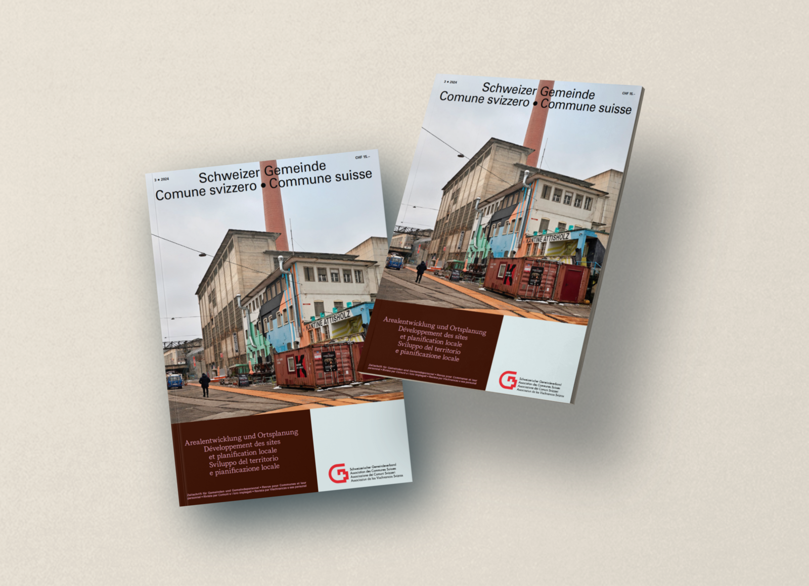 Zweimal das Cover einer neuen Ausgabe zum Thema «Arealentwicklung und Ortsplanung». Es zeigt das Attisholzareal im Solothurner Riedholz.