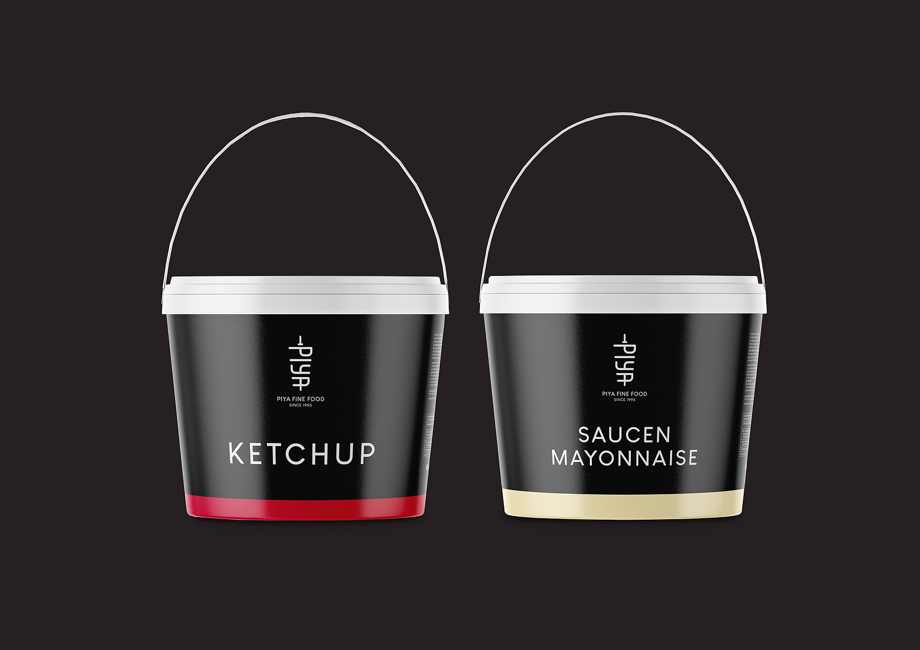 Ein Behälter mit PIYA-Ketchup und einer mit PIYA-Saucenmayonnaise im schwarzen Design.