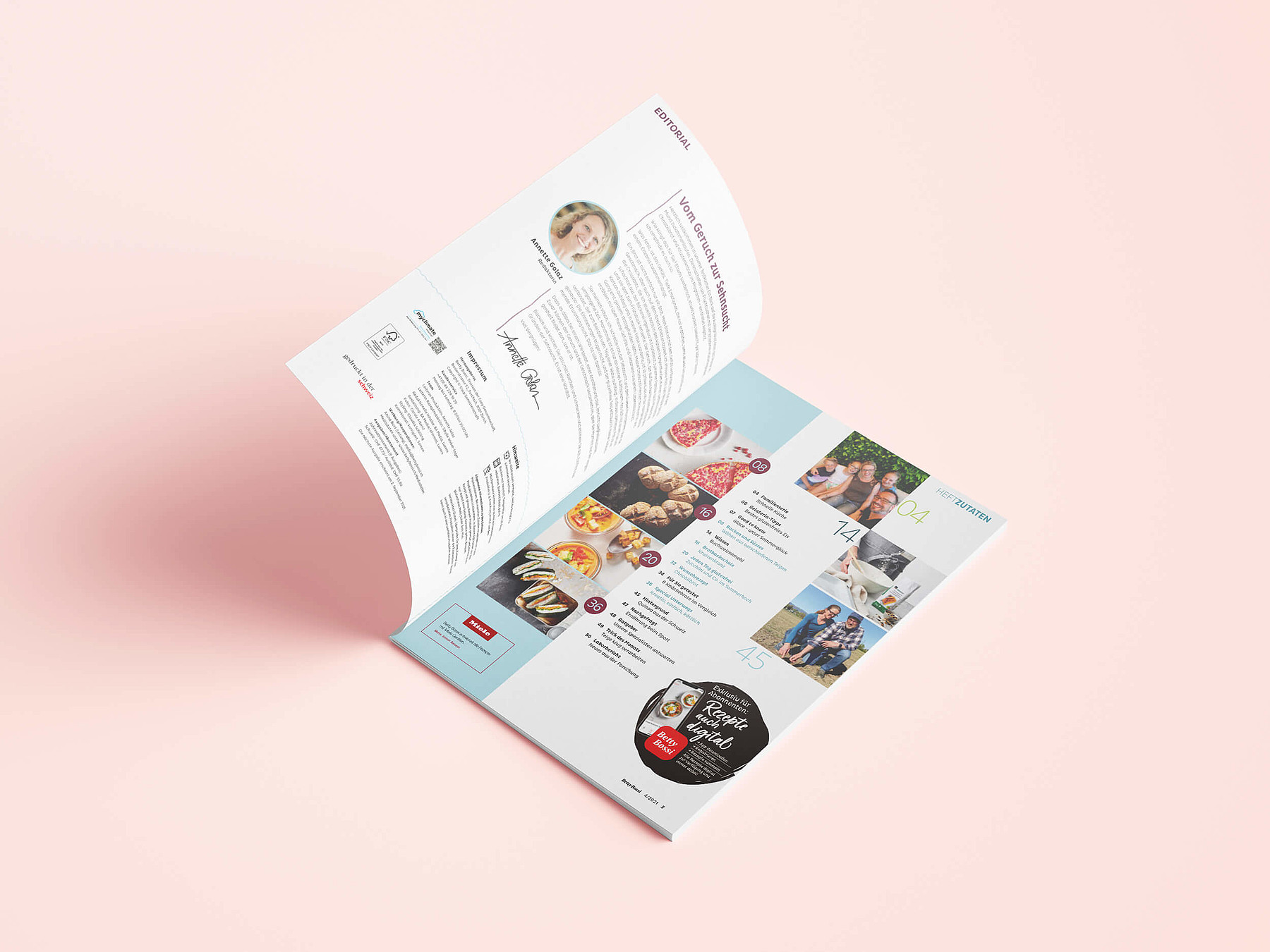Eine aufgeschlagene Ausgabe des Magazins «Glutenfrei leben» zeigt das Editorial und das Inhaltsverzeichnis