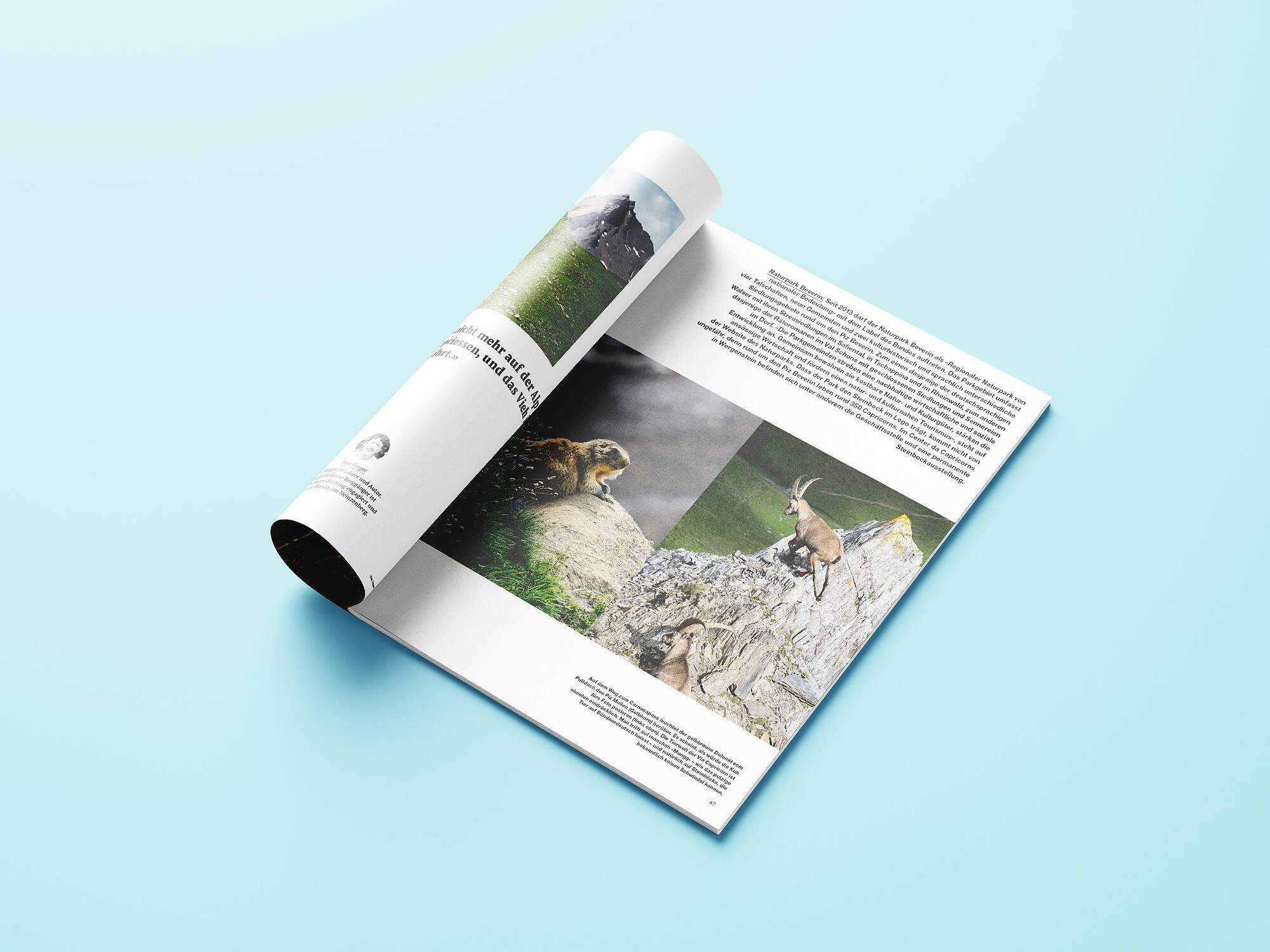Mockups Design Eine aufgeschlagene Ausgabe des Magazins «Die Alpen» zeigt alpine Schneelandschaften.