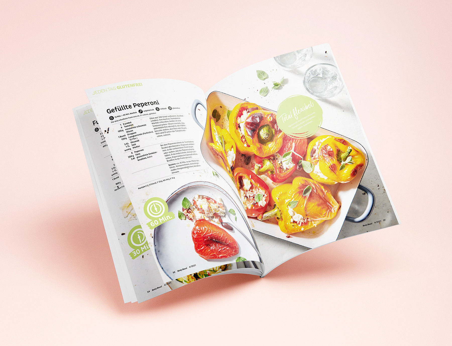 [Translate to Französisch:] Eine aufgeschlagene Ausgabe des Magazins zeigt ein Rezept für gefüllte Peperoni.