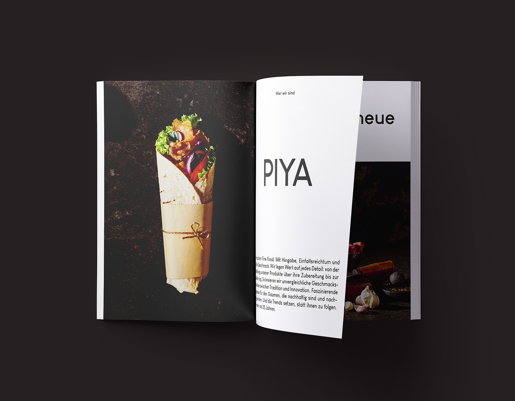 Ein Blick in die PIYA-Broschüre: links das Foto von einem Wrap, rechts ein Text unter dem Titel «Wer wir sind»