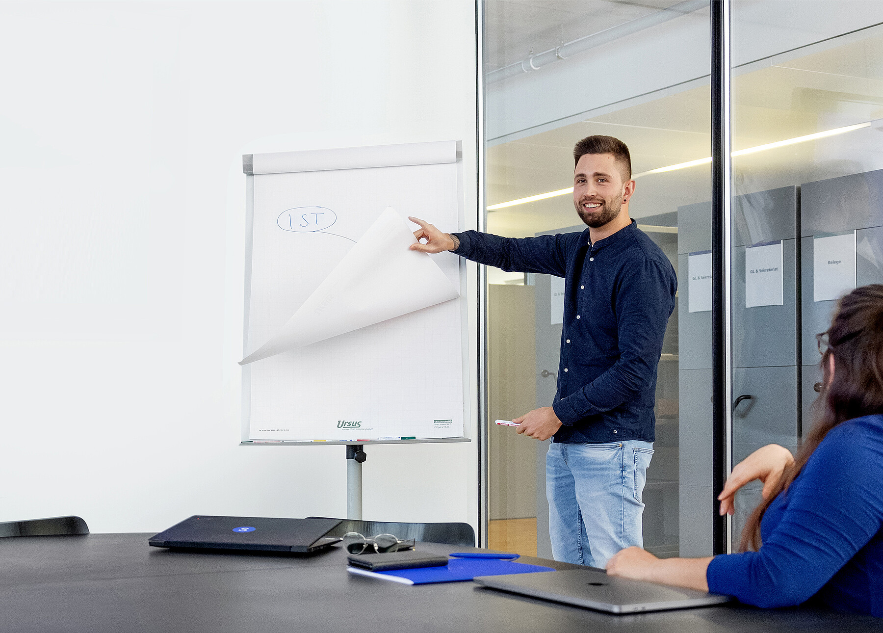 Ein Mitarbeiter demonstriert Ideen an einem Flipchart.