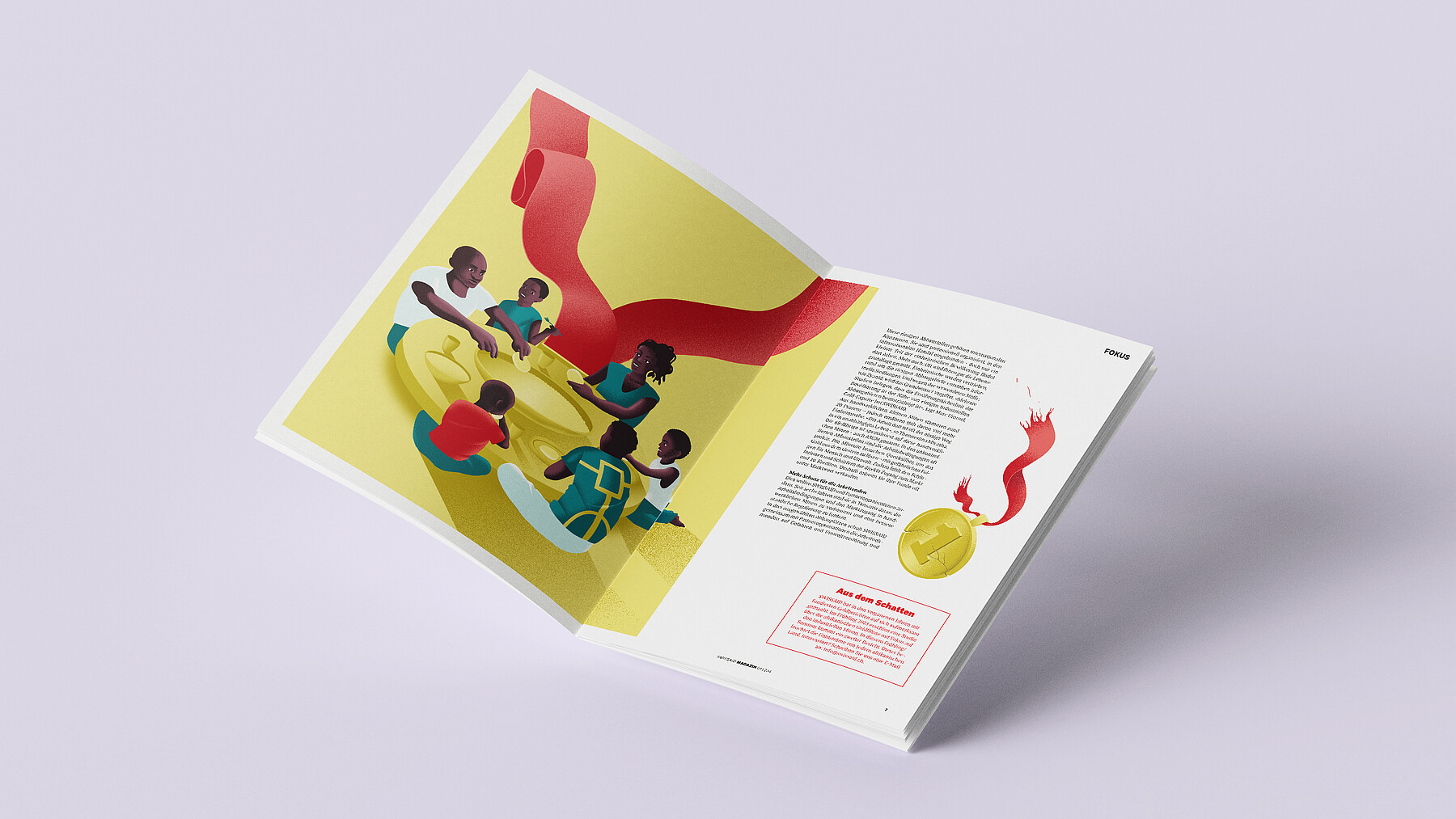 Das SWISSAID-Magazin mit bunt illustriertem Text