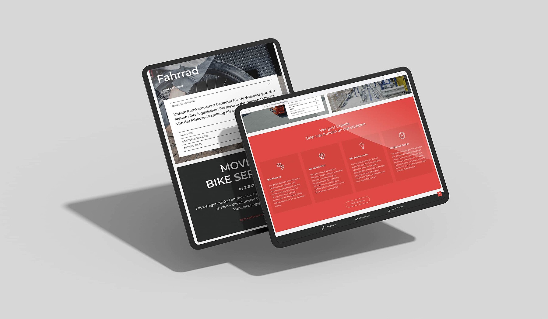Zwei Tablets zeigen die neue Zibatra-Website: Hier werden unter anderem vier gute Gründe, Zibatra zu wählen, aufgezeigt.