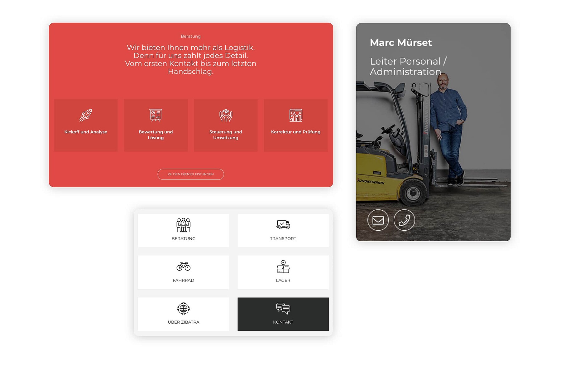Ausschnitte aus dem neuen Webauftritt von Zibatra: Über verschiedene Icons kommen die Nutzerinnen und Nutzer zu den einzelnen Seiten.