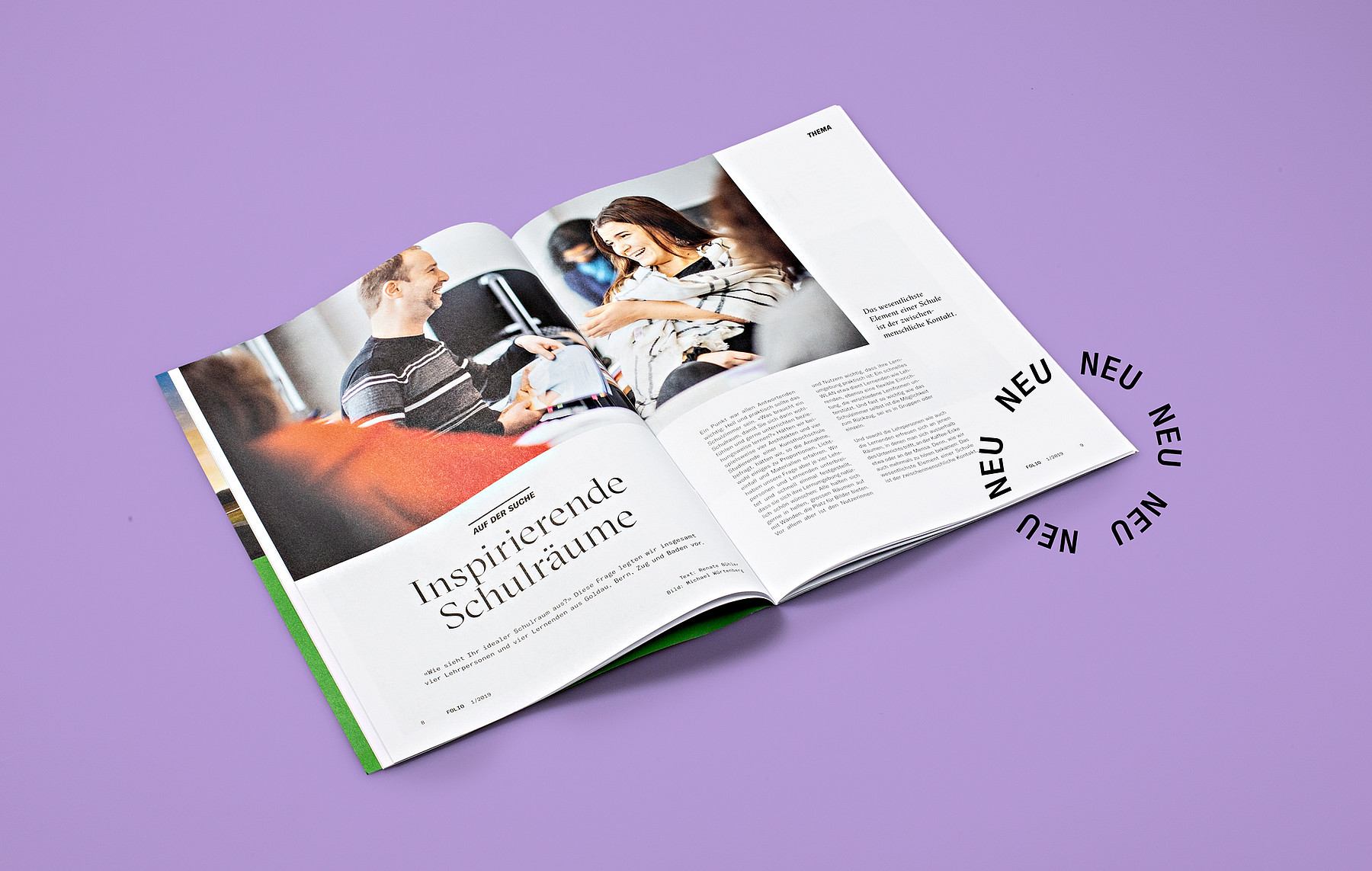 Ein Blick in das neu gestaltete Magazin «Folio» des Verbands Berufsbildung Schweiz zeigt einen Artikel zum Thema «Inspirierende Schulräume»