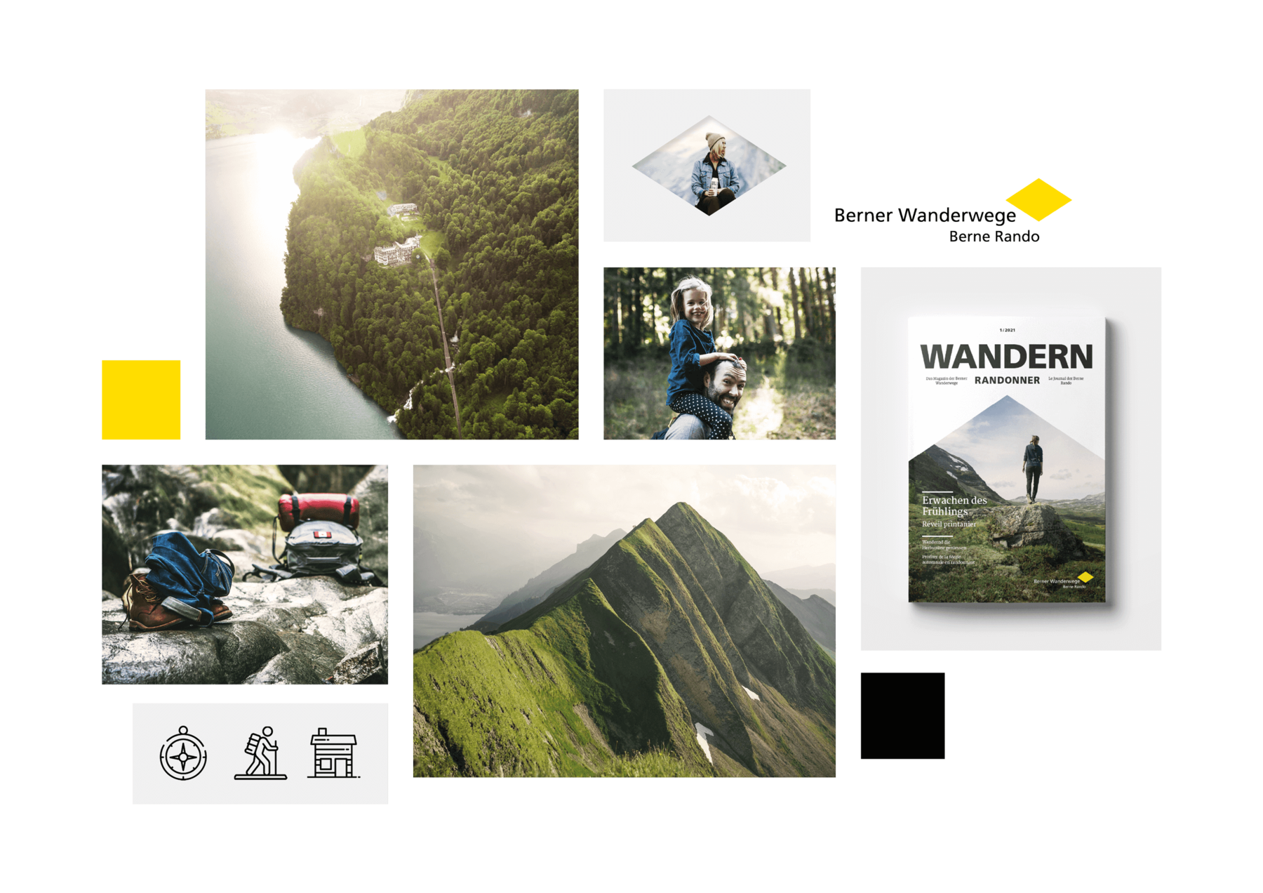Stimmungsvolle Wanderbilder und Piktogramme aus der Zeitschrift «Wandern» der Berner Wanderwege