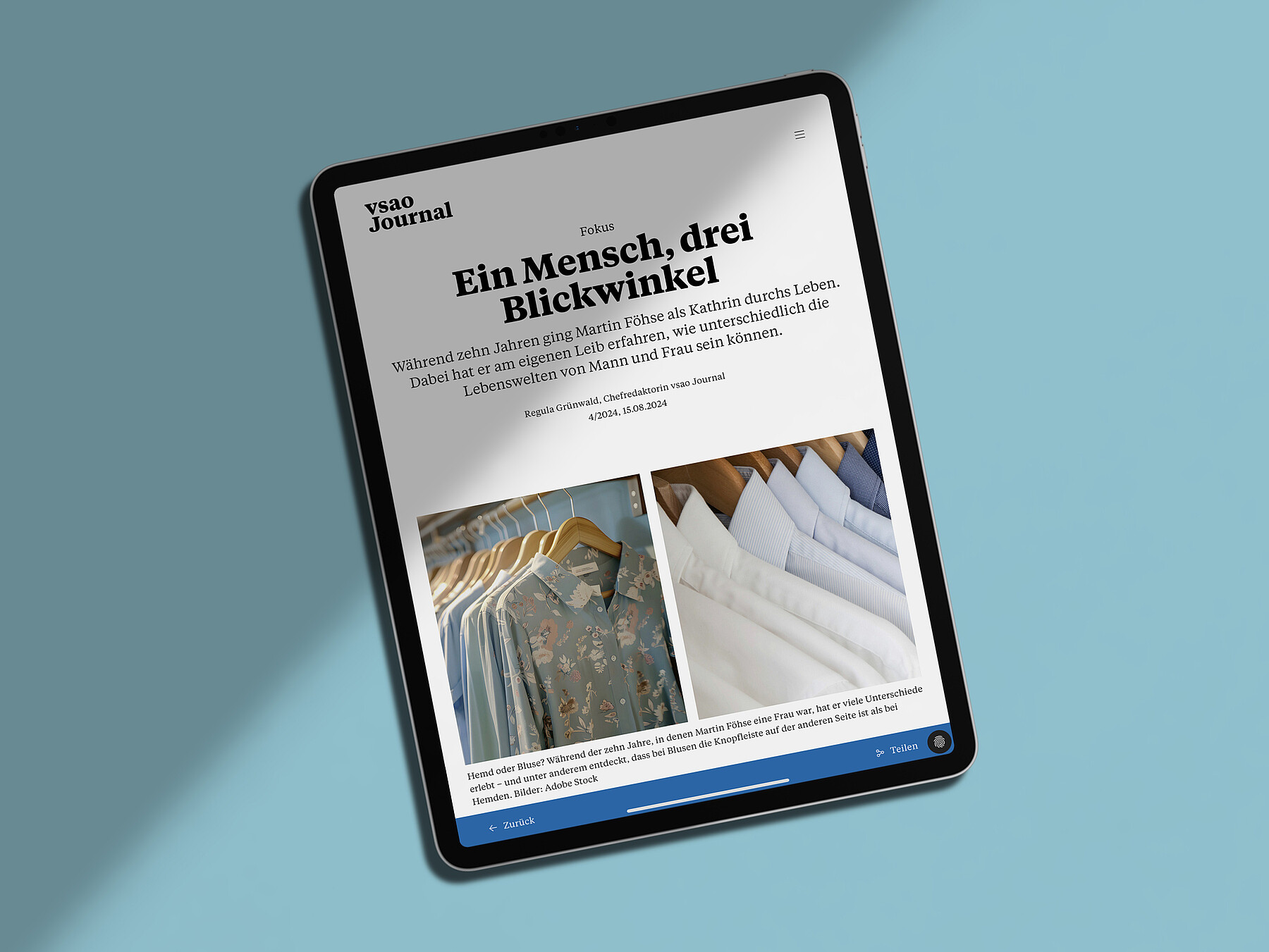 Auch auf dem Tablet liest sich das Webmagazin angenehm, im Bild ein Artikel mit dem Titel «Ein Mensch, drei Blickwinkel».