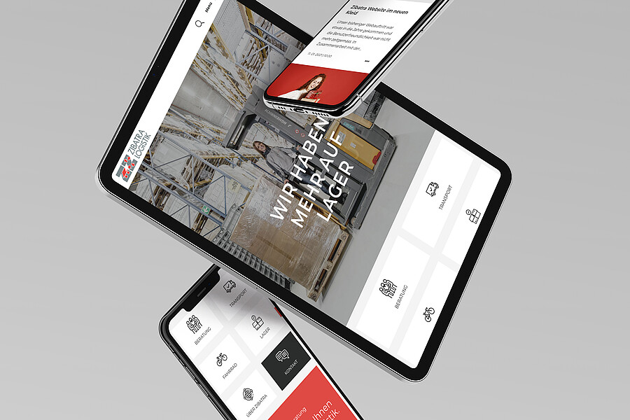 Ein Tablet und mehrere Smartphones zeigen die von Stämpfli konzipierte Zibatra-Website.