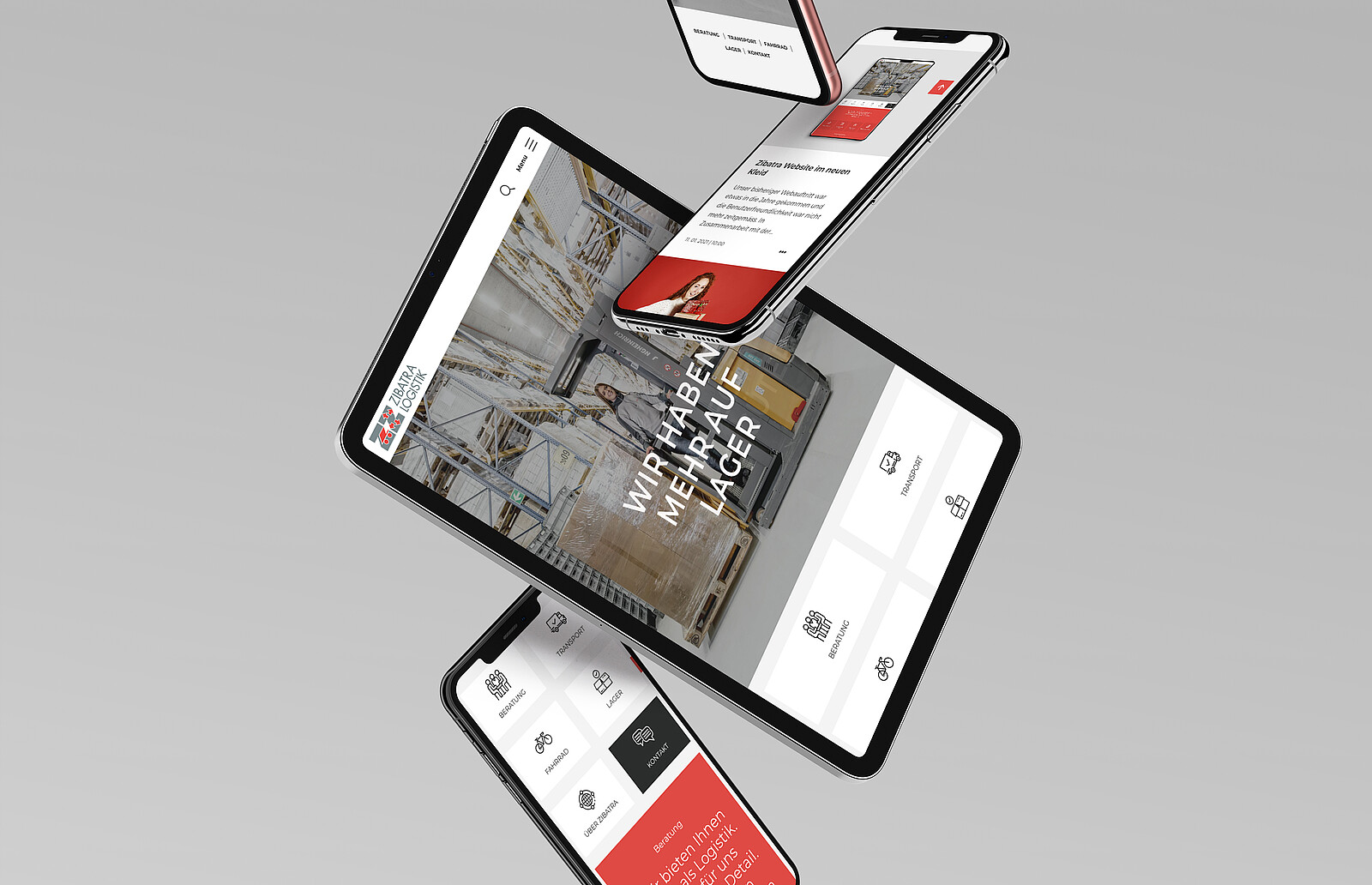 Ein Tablet und mehrere Smartphones zeigen die von Stämpfli konzipierte Zibatra-Website.