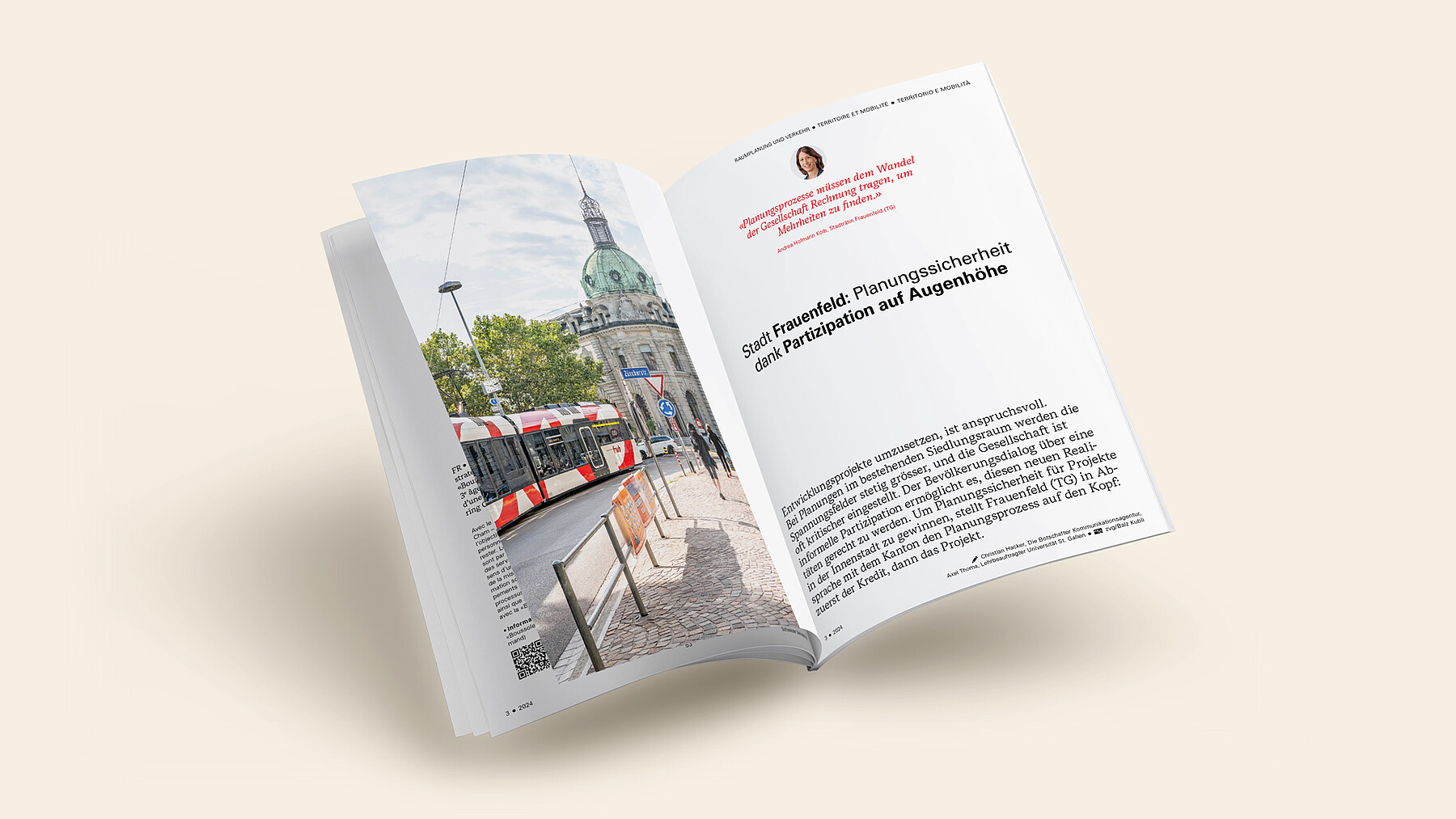 Ein Blick ins neue Magazin mit dem Beitrag «Stadt Frauenfeld: Planungssicherheit dank Partizipation auf Augenhöhe» zeigt viel Weiss- und Bildraum.