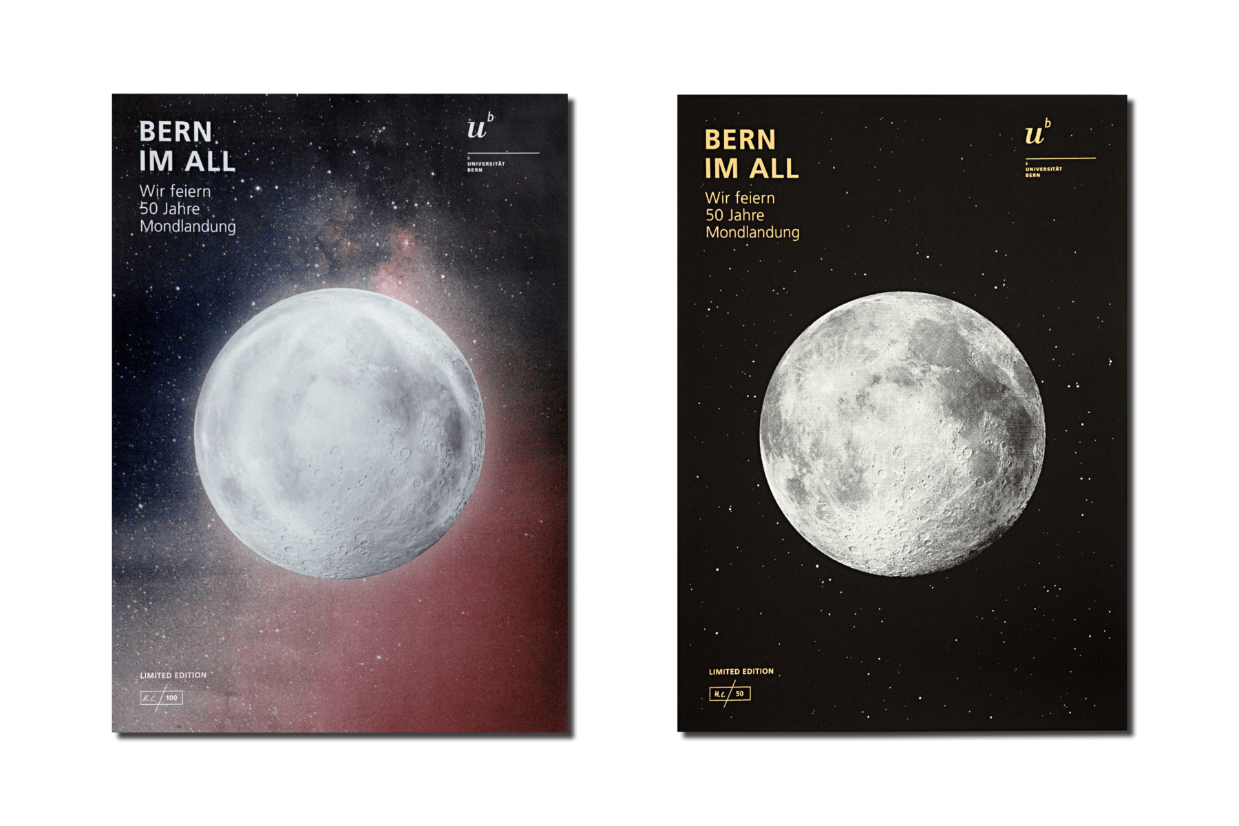 [Translate to Französisch:] Das Poster zum Jubiläum «Bern im All» zeigt eine Nahaufnahme des Mondes.