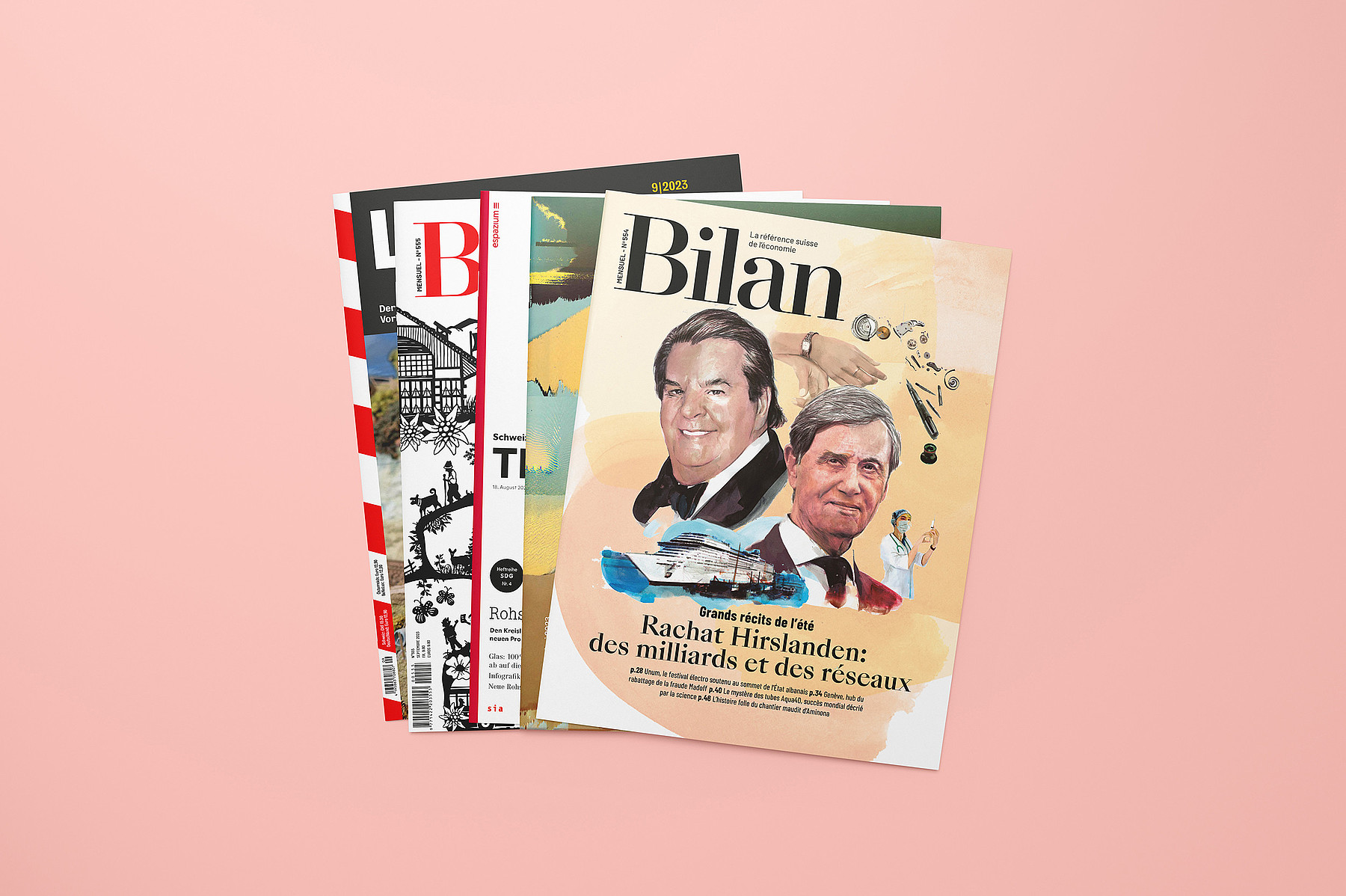 Vier Magazine, die Stämpfli Kommunikation produziert, zuoberst das französischsprachige Wirtschaftsmagazin «Bilan»