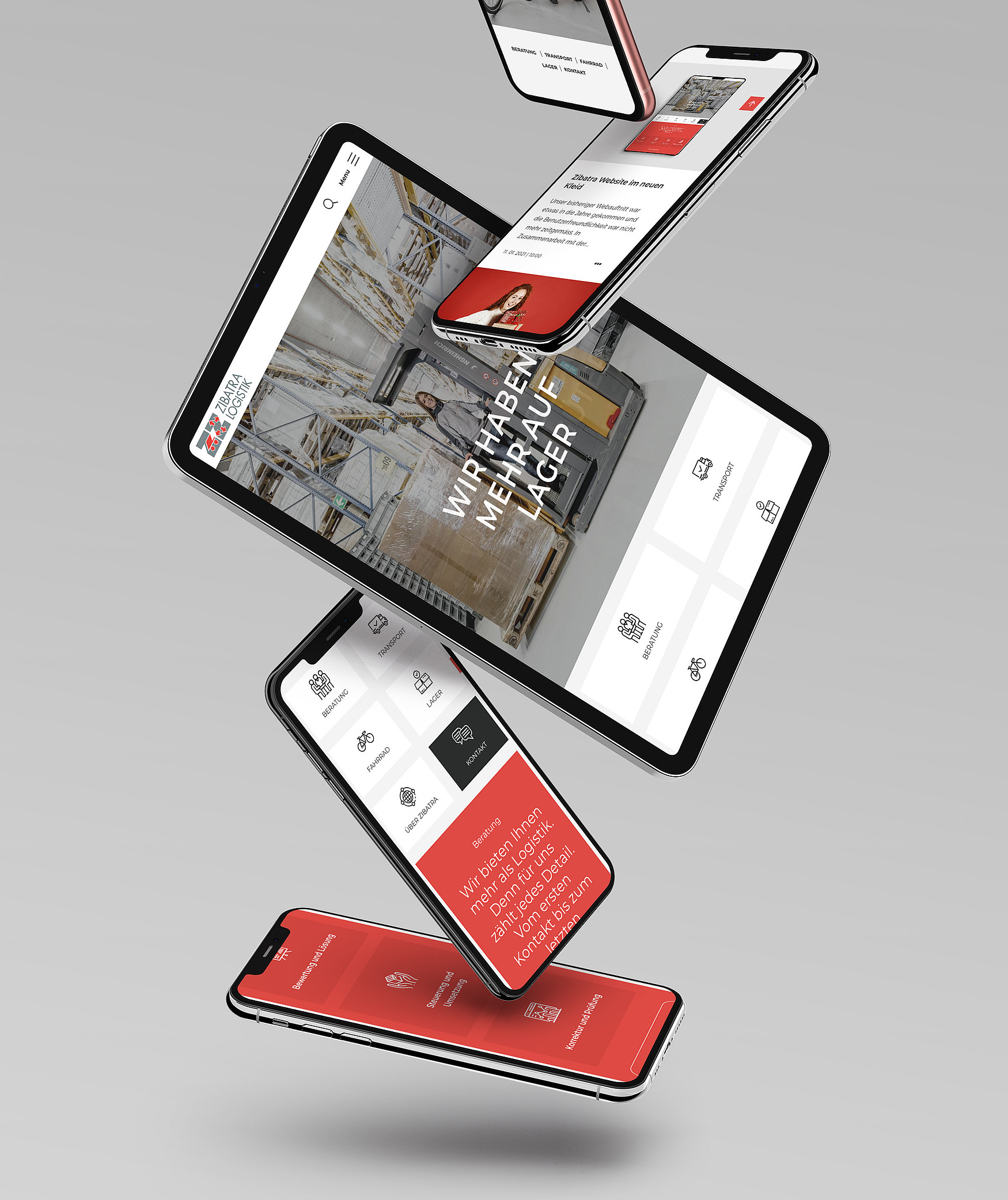 [Translate to Französisch:] Ein Tablet und mehrere Smartphones zeigen die von Stämpfli konzipierte Zibatra-Website.