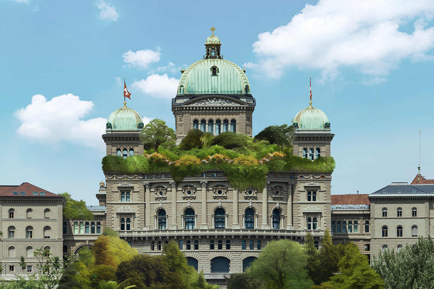Das Bundeshaus mit üppig begrünter Terrasse, das auch auf dem Titelbild der Broschüre zu sehen ist