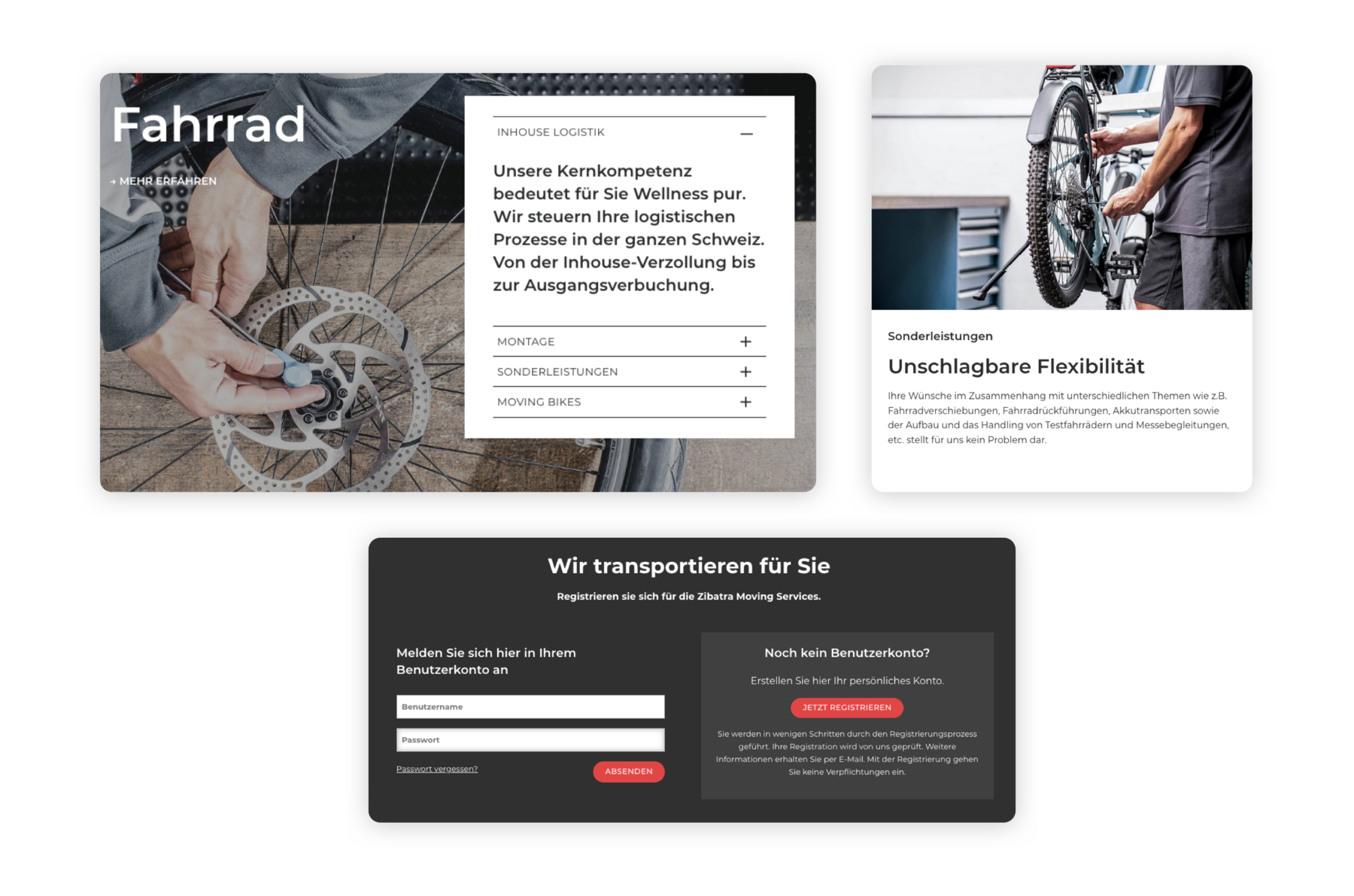 Ausschnitte aus dem Webauftritt von Zibatra: Man kann mehr über die Inhouse-Logistik und Sonderleistungen erfahren und ein Benutzerkonto erstellen.