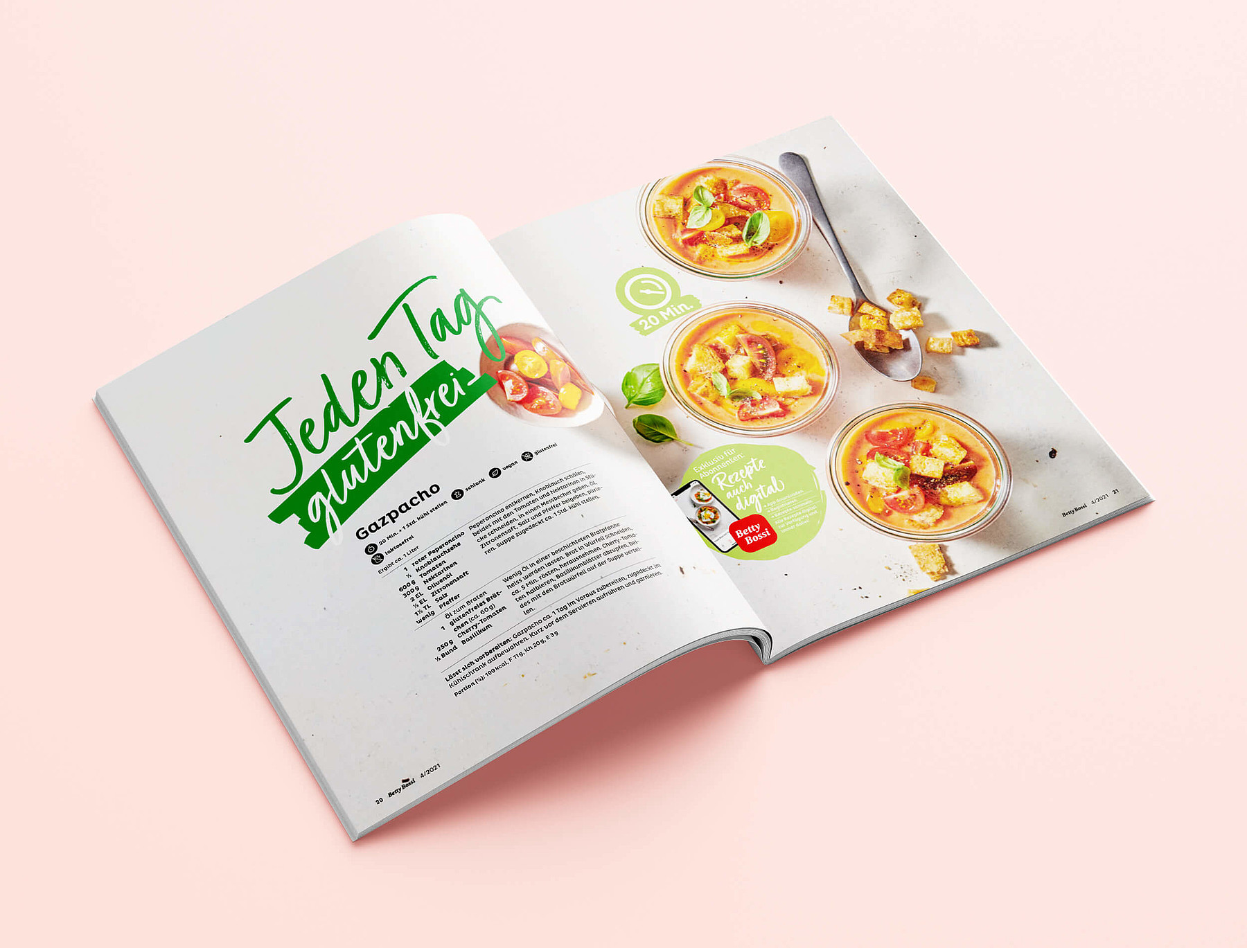 [Translate to Französisch:] Eine aufgeschlagene Ausgabe des Magazins zeigt ein Gazpacho-Rezept.