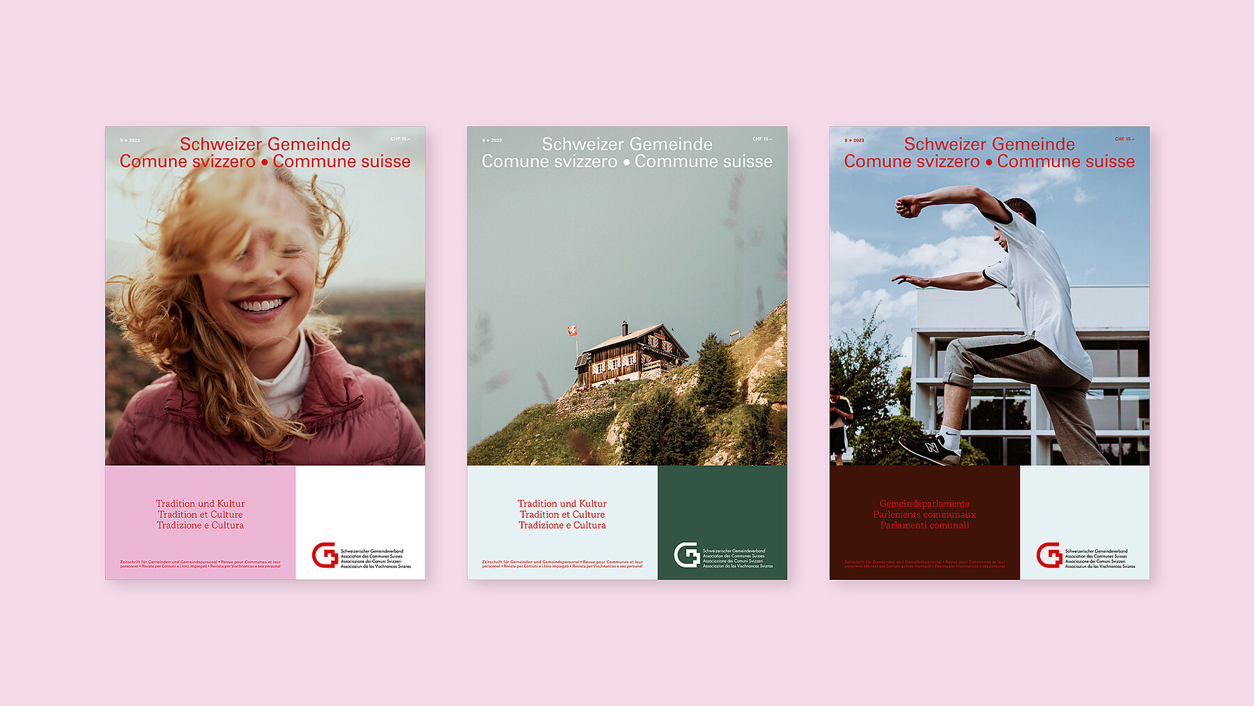 Drei der neuen «Schweizer Gemeinde»-Magazine mit kraftvollen Titelbildern: eine lachende junge Frau mit geschlossenen Augen und wehendem Haar, ein Chalet auf einem Berggipfel und ein junger Mann in sportlicher Pose